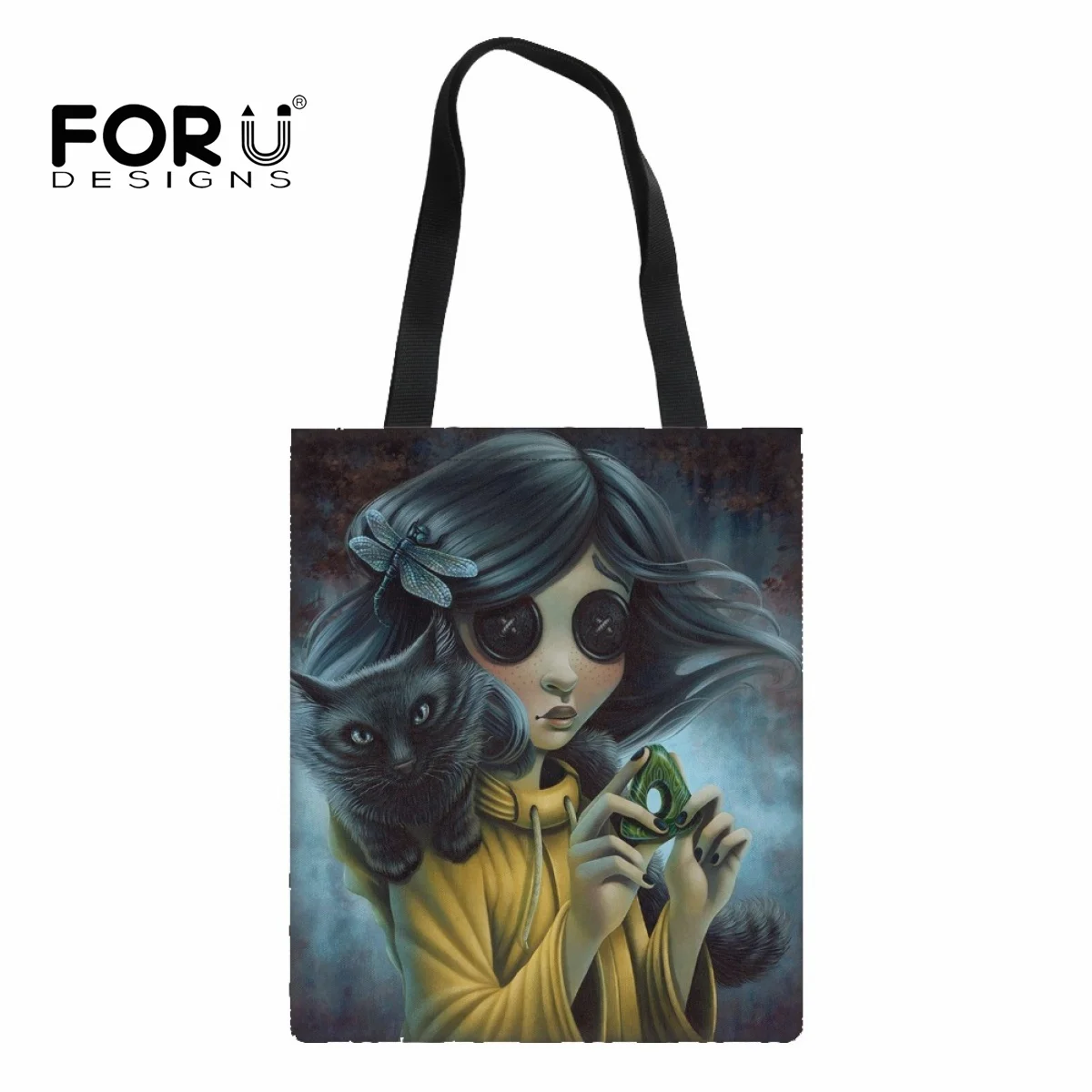 

FORUDESIGNS Gothic Tote Bag Women Coraline Fluffy Design Shopper Handbag Shoulder Shopping Bags Commuting Canvas Bag Feminina