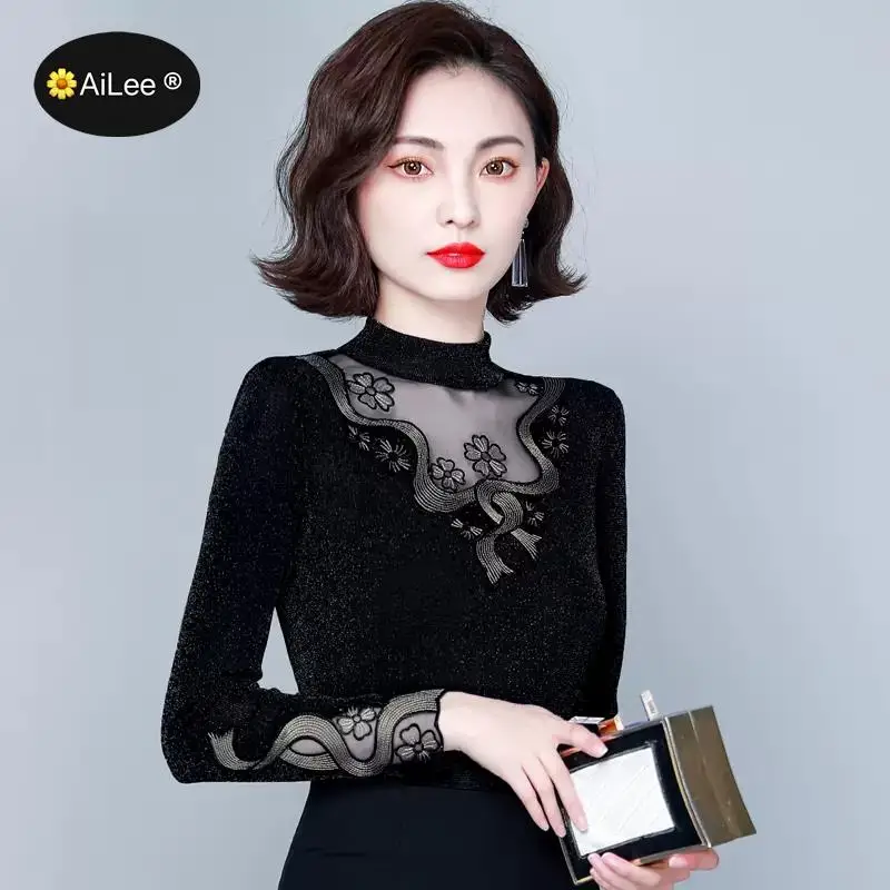 Винтажный кружевной пуловер с высоким воротником блузка женская зимняя