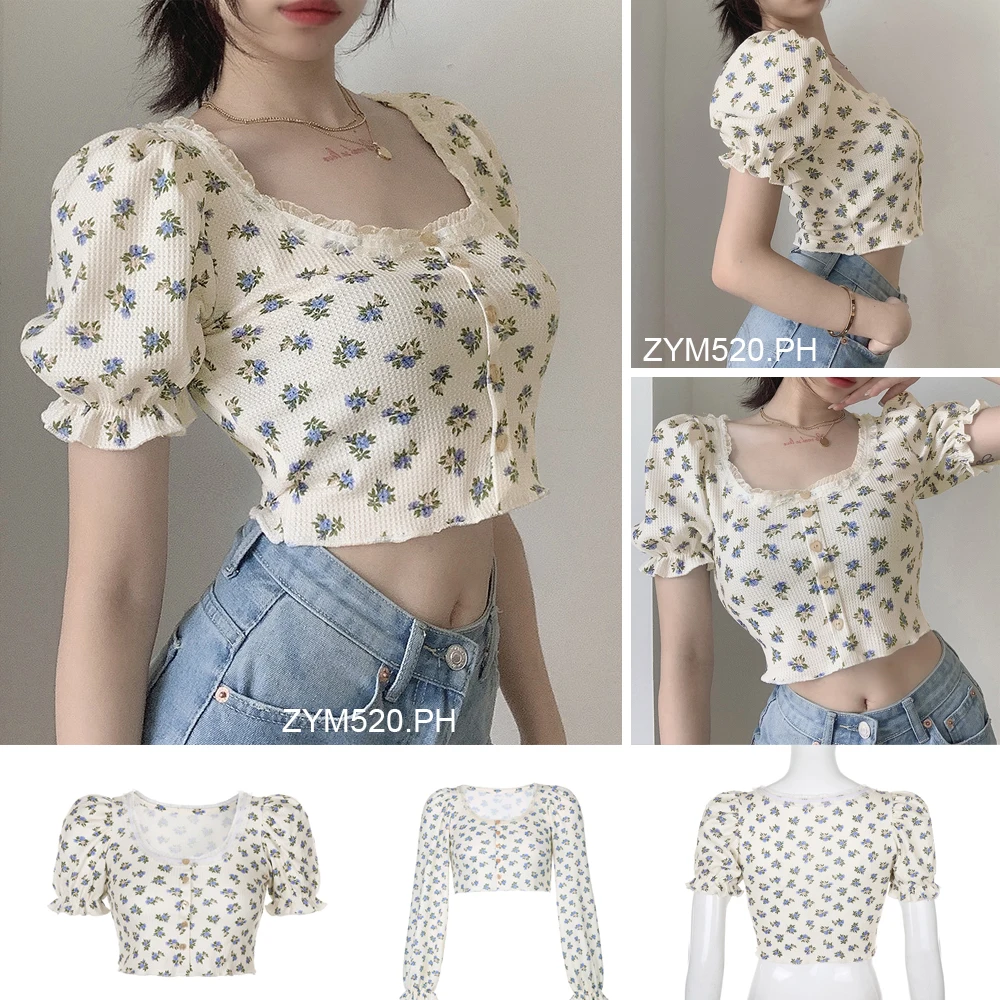 

Sweet Floral Lace Trim Square Neck Puff Sleeve Top Women Korean Crop Top