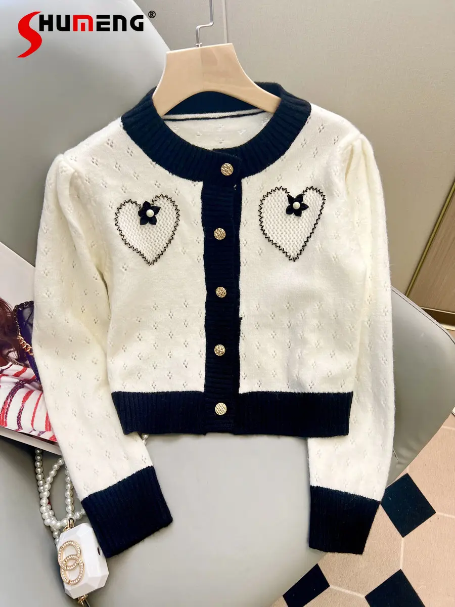 

Spring Autumn New Temperament Contrast Color Hollow Heart Round Neck Knitted Cardigan Coat Women's Outer Wear Short Sweater