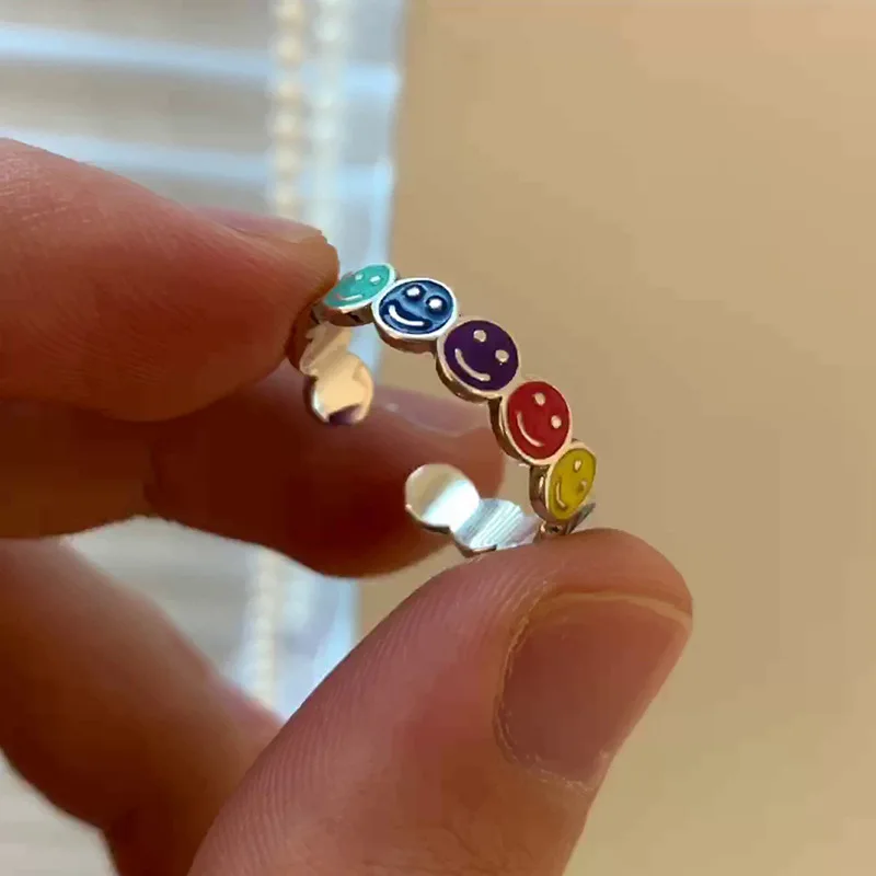 

New 2022 Rainbow Smiling Face Open Ring Women's Light Luxury INS Simple and Small Design High Sense Fashion