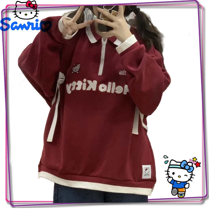 

Hello Kitty Cartoon Top Y2K Sanrio Embroidered Pullover Women's Sweet Girl Fashion Long Sleeve Loose Large Sweatshirt Gift