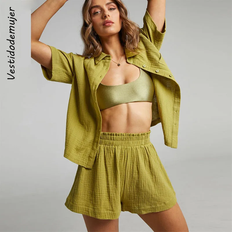

2022 Summer Solid Color Shirt Shorts Suits Women Casual Loose Short Sleeve Shorts 2 Pieces Set Female Vacatin Outfits Tracksuit