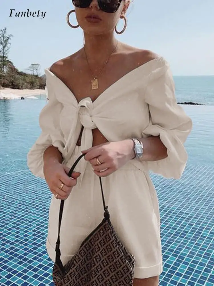 

Women Fashion Two Piece Sets 2022 Spring Summer Sexy Tie-up Blouse And Shorts Suits Sexy Elegant Solid Outfits Female Homewear