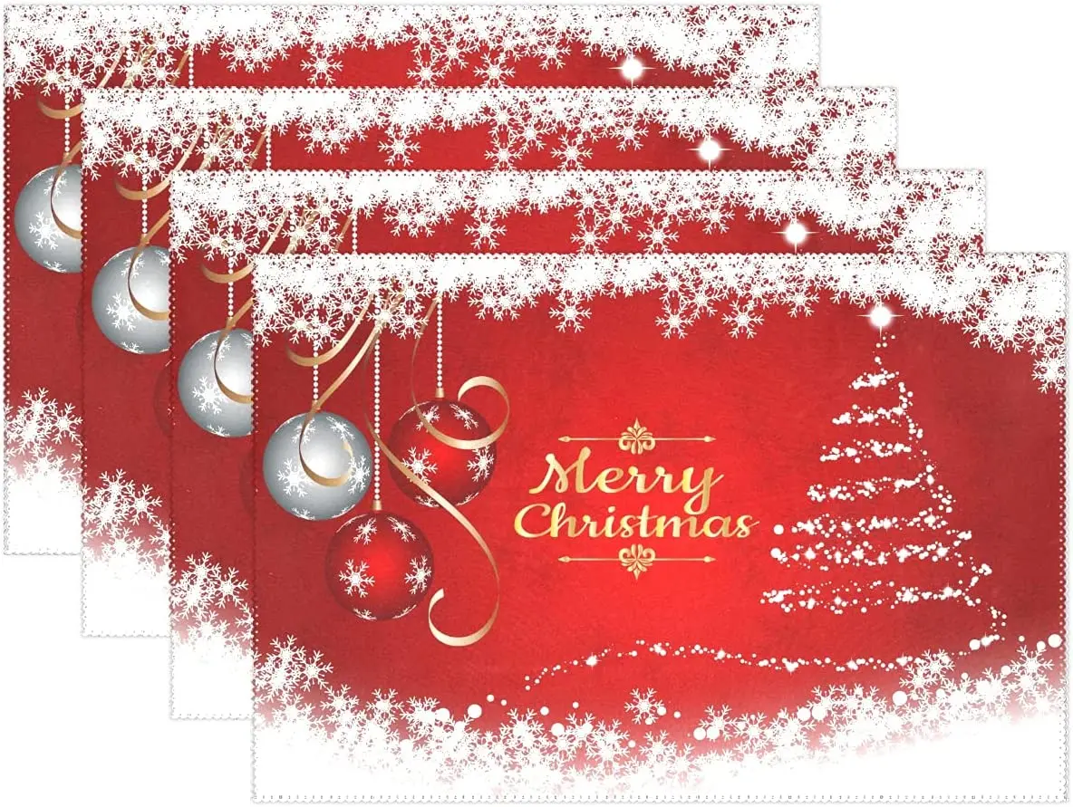 

Merry Christmas Placemats Set of 4 Snowflake Ball Xmas Tree Heat-Resistant Kitchen Table Mats Washable Non-Slip Placemat 12x18in