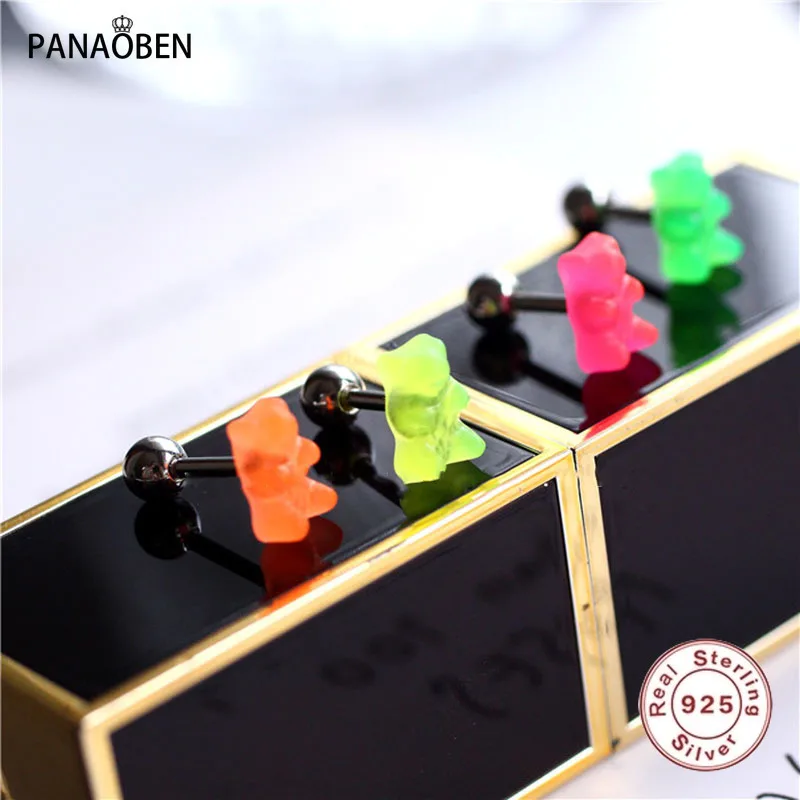

PANAOBEN 925 Sterling Silver Stud Earrings for Women Fashion Gummy Fluorescent Color Cute Bear Bow Piercing Fine Ear Jewelry