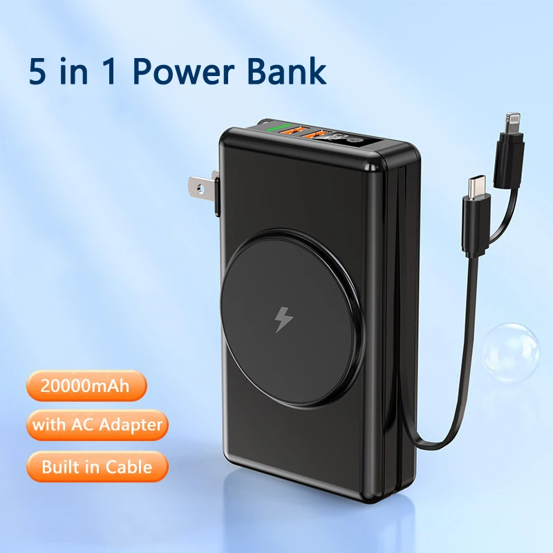 

PD20W Powerbank 20000mAh Power Bank Magnetic Qi Wireless Charging with Cable AC Plug for iPhone 13 12 Samsung Xiaomi Poverbank