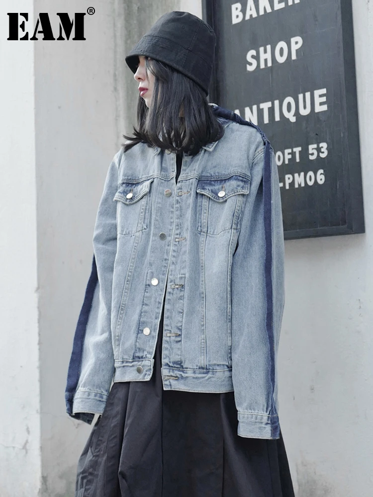 

[EAM] Loose Fit Blue Denim Big Size Casual Jacket New Lapel Long Sleeve Women Coat Fashion Tide Spring Autumn 2023 1DE6590
