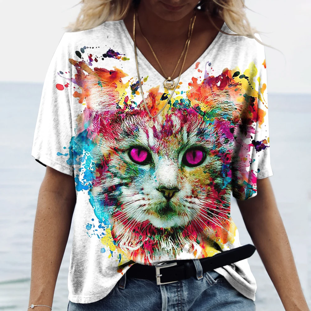 

Летняя футболка с милым котом для женщин, модная футболка с 3d принтом, новинка 2023, женская футболка большого размера с коротким рукавом в сти...