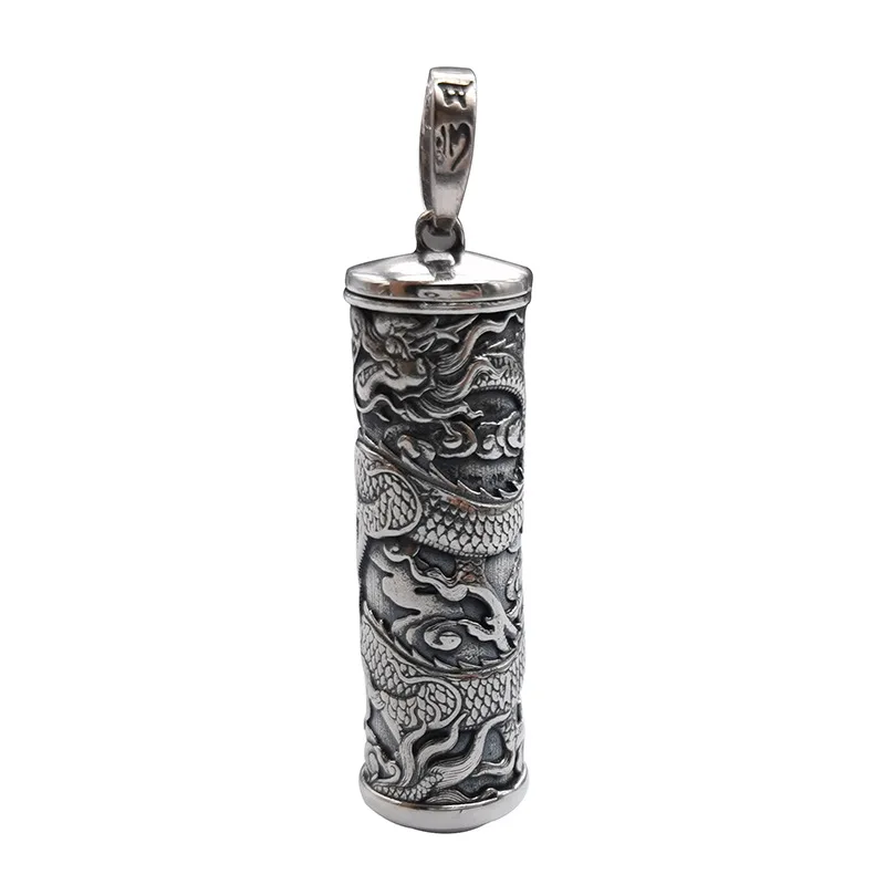 

Real S925 Sterling Silver Vintage Round 3D Engraved Climbing Dragon Cylinder Openable Chain Pendant Ethnic Style Fine Jewelry
