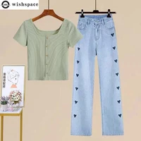 korean popular summer new style tight t shirt top love jeans trousers two piece elegant womens pants set female tracksuit