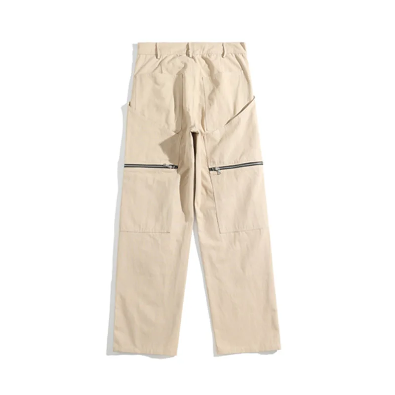 

Solid Color Zipper Pockets Wide Leg Cargo Pants Men's Straight High Street Vibe Style Casual Trousers Loose Hip Hop Overalls