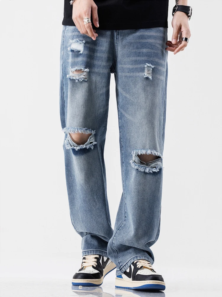 Men's Loose Fit Casual Jeans - Baggy Pants with Holes and Rips American Wide-legged Straight Jeans with Holes and Torn Design