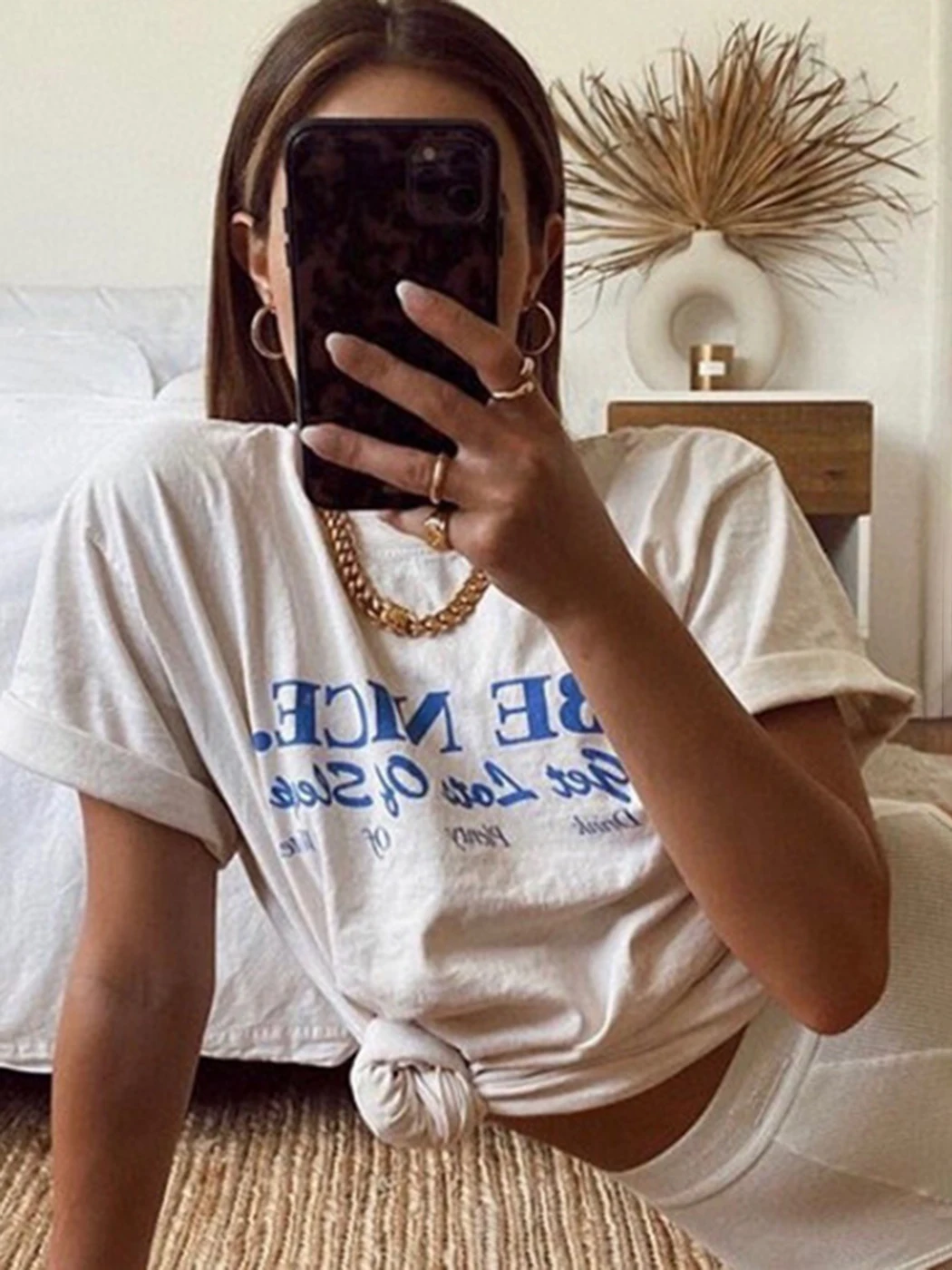 

Streetwear Letter Print T-shirt Women All-match Round Neck Short Sleeve Loose Green Tees Simple Beige Casual T-shirt 2022