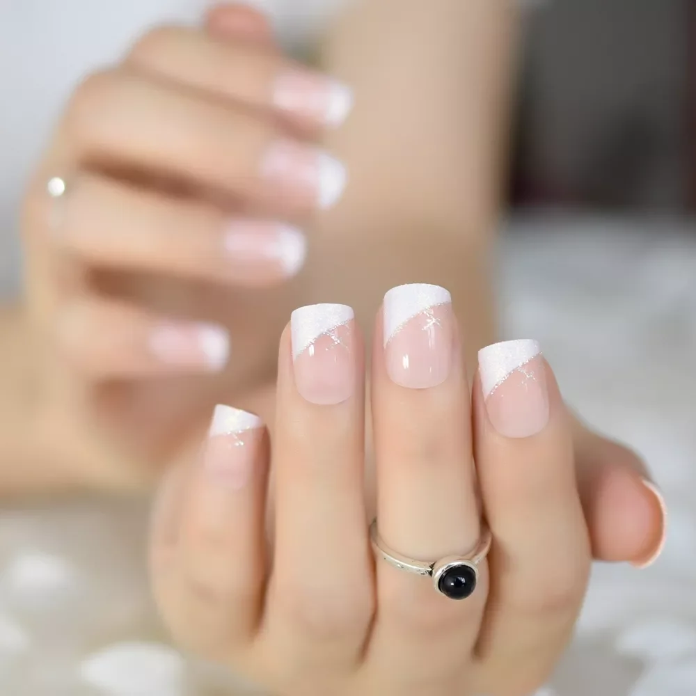 

White Instant French Nails Glitter Beveled Clear Short Square Fake Nail Art Tips Many Choice 24 Count