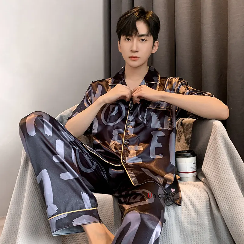 Spring Summer Man Pajama Sets Silk Sleepwear Pajamas for Men Plus Size Home Clothing Pyjamas Suit Home Wear Loungewear Homesuits