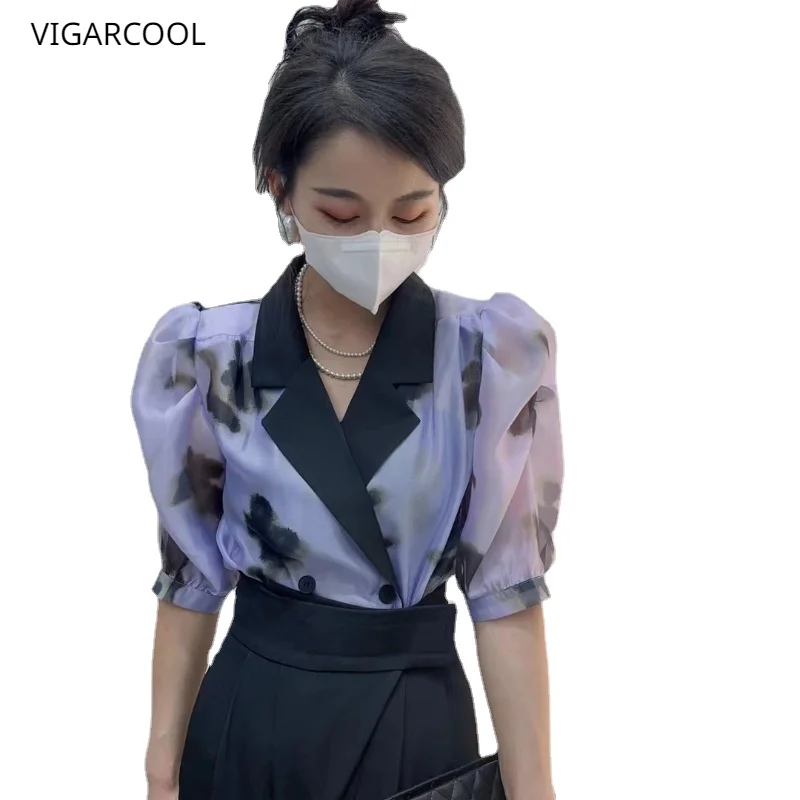 

Женская свободная рубашка, приталенная блузка во французском стиле с коротким рукавом и принтом, лето 2023