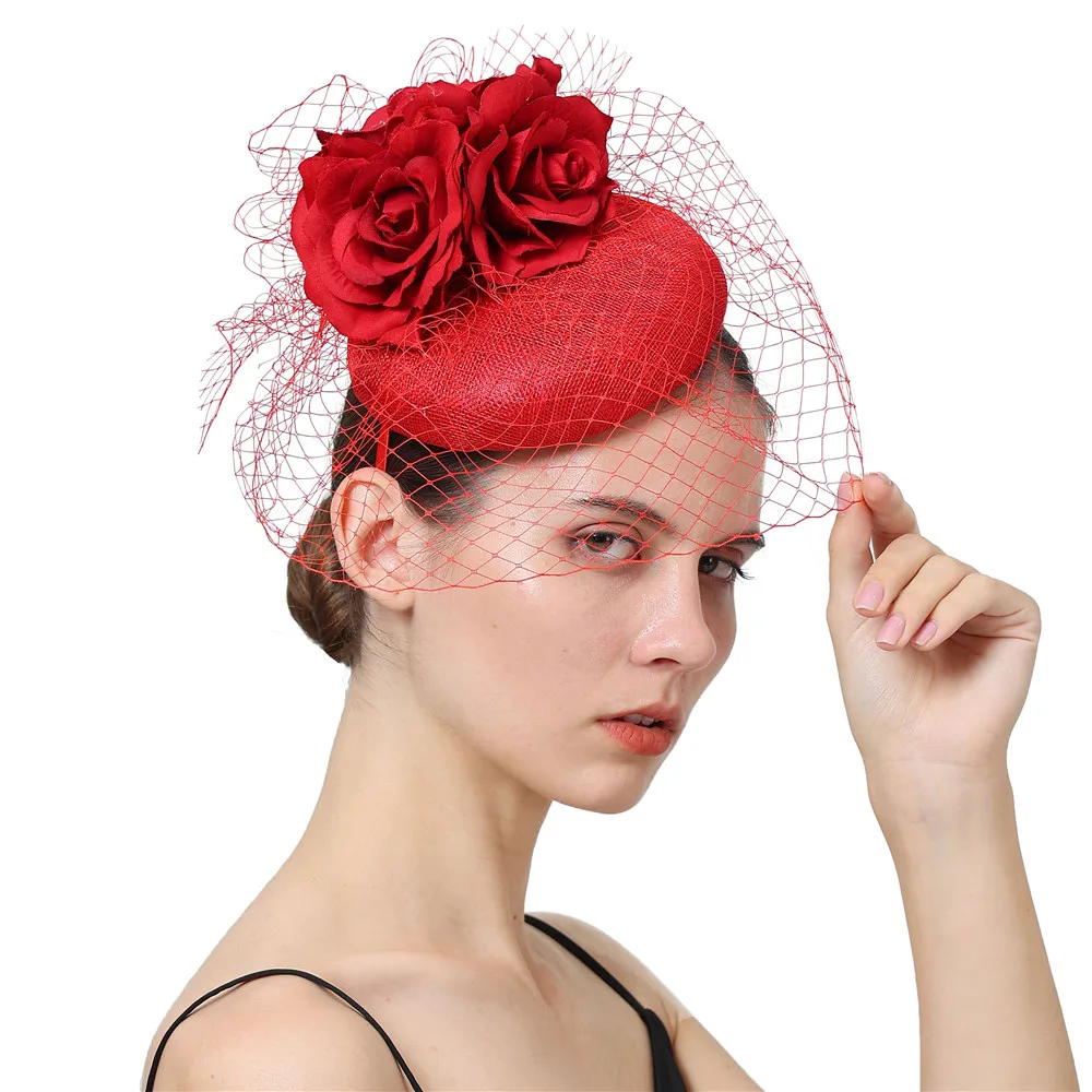 

Red Sinamay Fascinator Mesh Hat With Flower Wedding Headpiece Women Chic Church Party Fascinators Hats Headbands Accessory