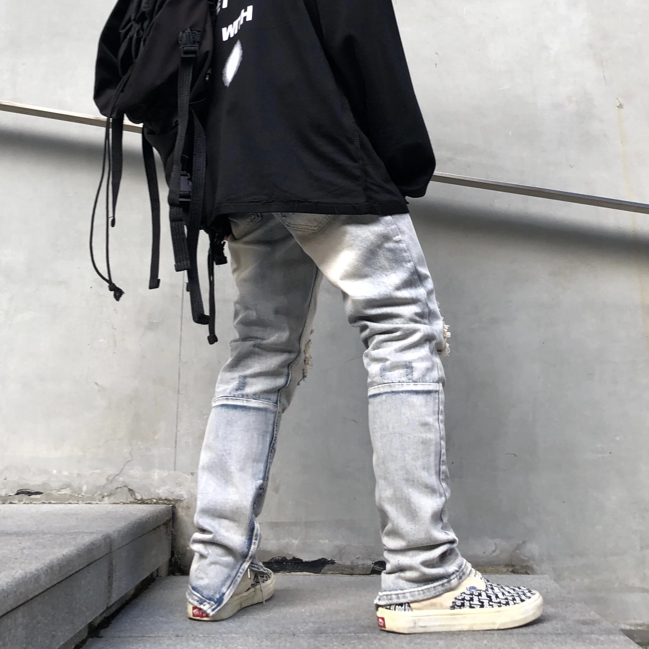 Men Stretchy Ripped Skinny Biker Embroidery Jeans Destroyed Hole Plaids Slim Fit Denim High Quality Hip Hop Grey Pants