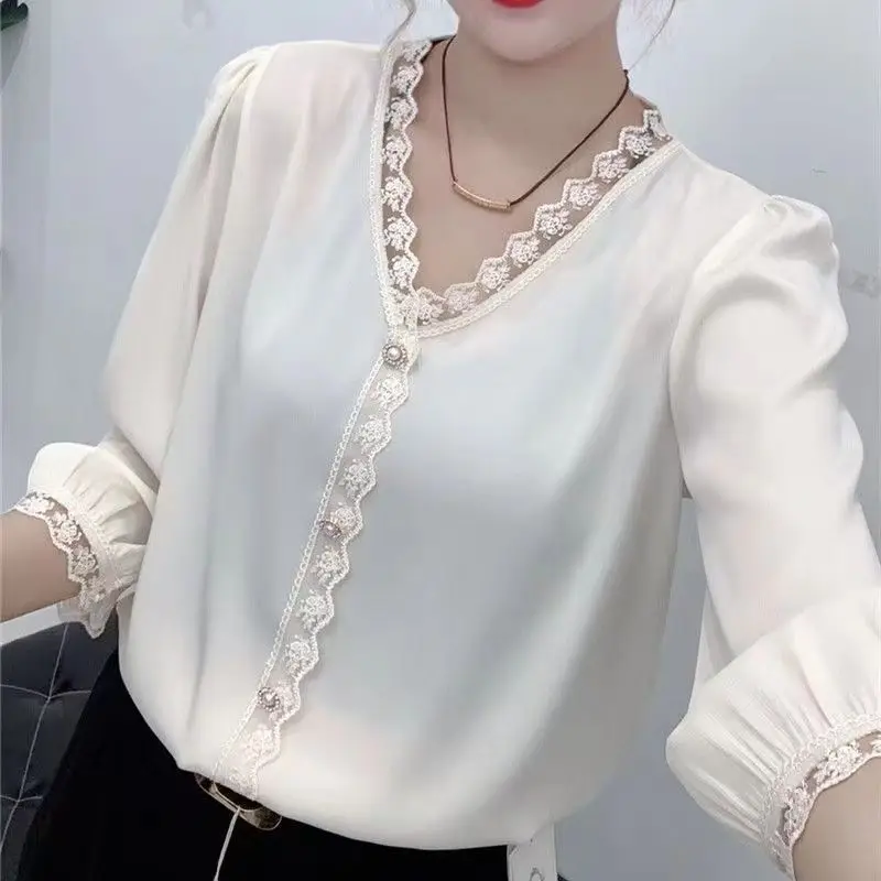

Summer New Patchwork Lace Blouse V Neck 3/4 Sleeve Solid Color Loose All-match Shirt Tops Fashion Elegant Women Clothing