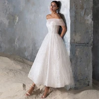short wedding dress sparkly sequins lace ankle length midi wedding gown a line off the shoulder backless sexy bridal dress 2022