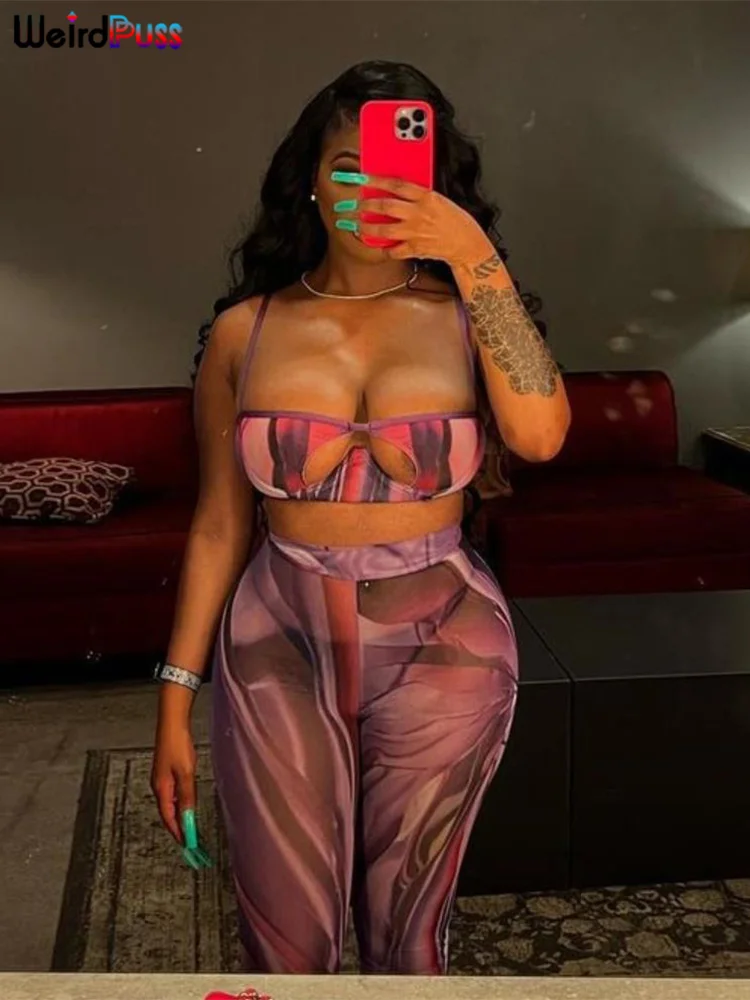 

Weird Puss Sexy Mesh Women 2 Piece Set Colorful Fitness Hollow Sleeveless Camisole+Leggings Matching Midnight Clubwear Outfit