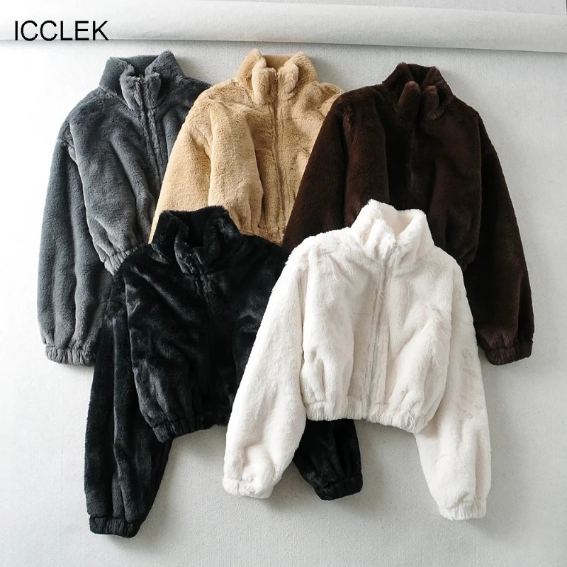 

ICCLEK loose imitation fur coat women's autumn and winter thickened half high collar zipper short jacket warm top