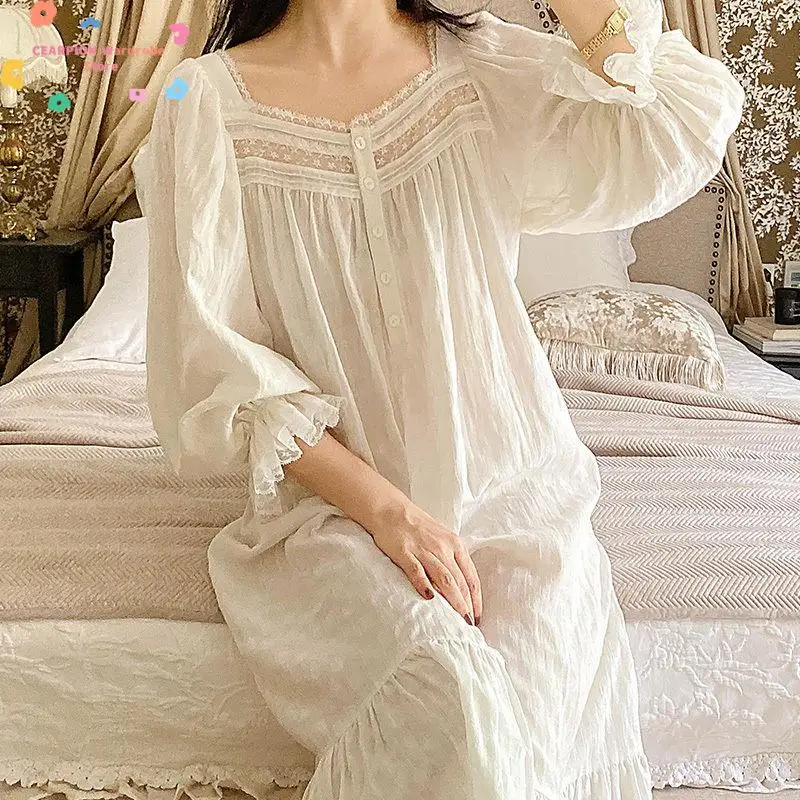 

White Cotton Sleepshirt Court Style Lace Trim Nightgown Princess Style Home Dressing Gown Sweet Puff Sleeve Sleepwear Loungewear