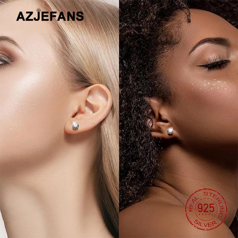 Фото Серьги-гвоздики AZJEFANS из стерлингового серебра 925 пробы с круглыми сверкающими цирконами, изысканные ювелирные изделия №3