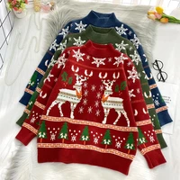 woman elk sweaters autumn winter oversized christmas knitted sweater women 2022 red green loose tops femme chandails pull hiver