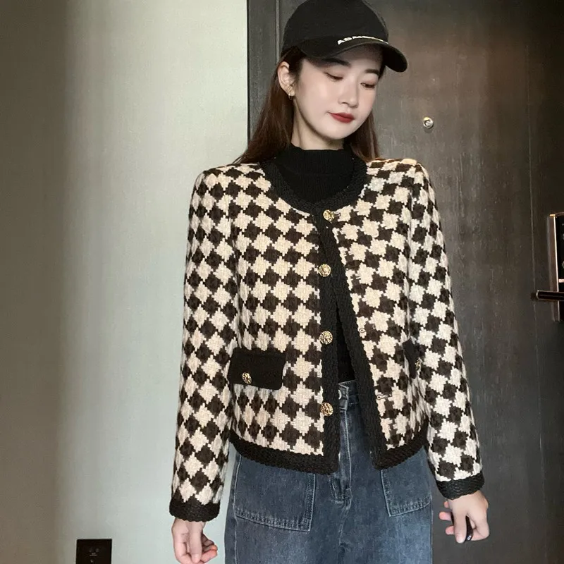 

High Quality Fall Women's French Vintage Plaid Thick Small Fragrance Woolen Tweed Keep Warm Jacket Elegant Top Coat Ouwear