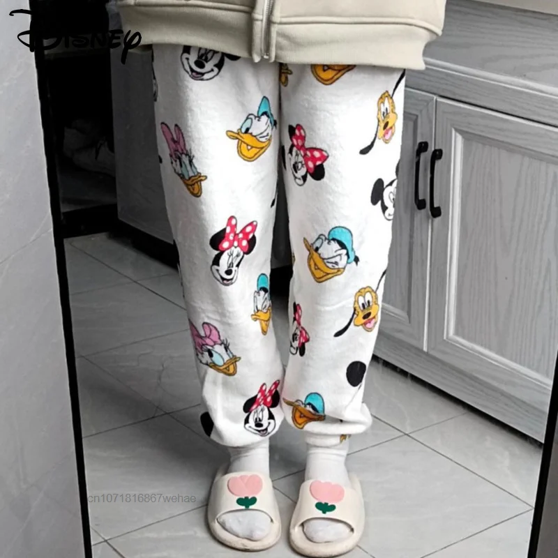 Disney Mickey Mouse Donald Duck Cartoon Sleepwear Pant For Women In Autumn And Winter Coral Velvet Trousers Thickened Loose Warm