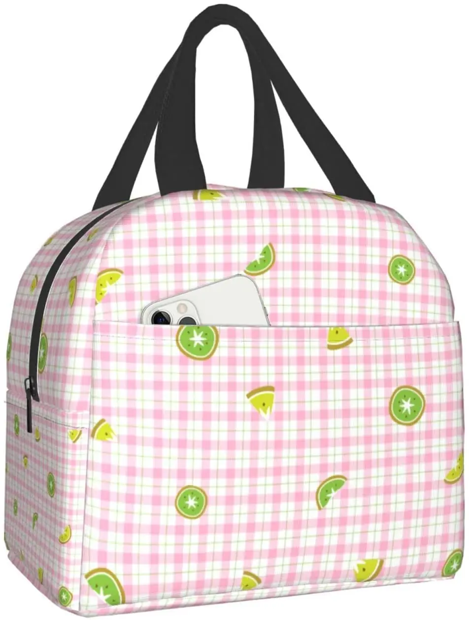 

Cute Kawaii Kiwi On Pastel Pink Plaid Lunch Box Bento Box Insulated Lunch Boxes Reusable Waterproof Lunch Bag School Picnic