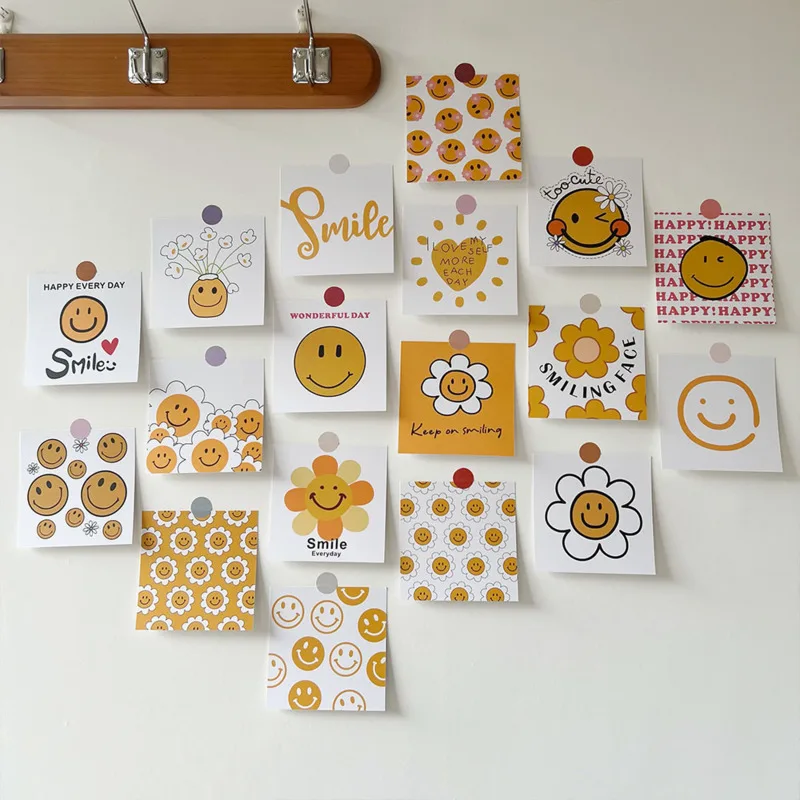 

Ins Cute Smiley Face Sunflower Decorative Pictures Card Bedroom Background Wall Postcard Diy Home Decor Photo Props 11 Sheets