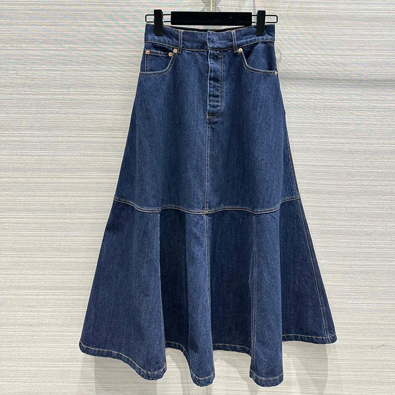 

22Autumn Denim Skirts Women Vintage A-line Big Swing Solid Long Skirt Fashion Runway Elegant Cotton High Waist Pocket Maxi Skirt