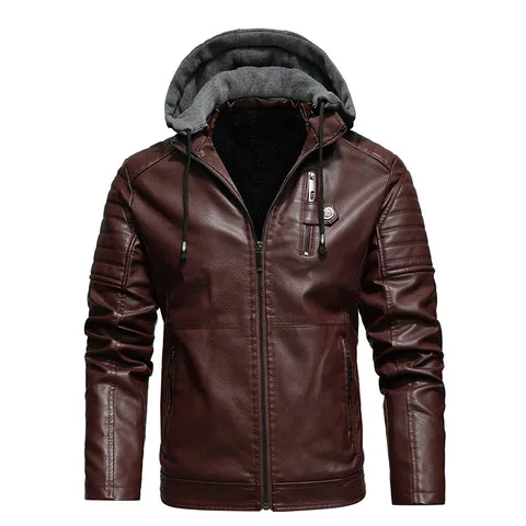 Men's Winter Fleece Liner PU Leather Jackets Hooded Outwear Coats Autumn Casual Motorcycle Faux Jacket Windbreaker Biker Jackets