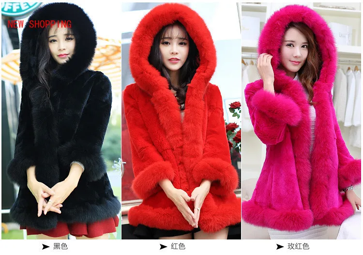 Elegant Long Casual Fur Coat New Fashion Women's Autumn Winter Hooded Women Luxurious Middle Long Rabbit Hair Collar Warm Coats
