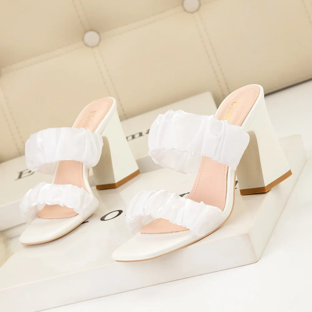 Women Simple Solid Color High Shoes Heels Sexy Square Toe Chic Slippers Open Toe Chunky Heel with Transparent Outdoor Sandals