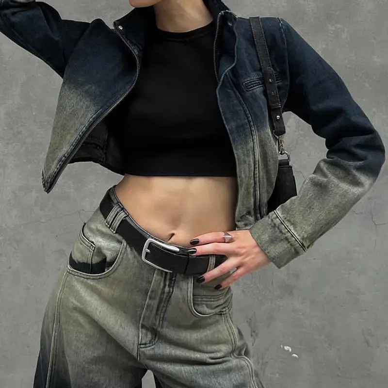 Джинсовая куртка градиентная в американском ретро стиле потертая женская