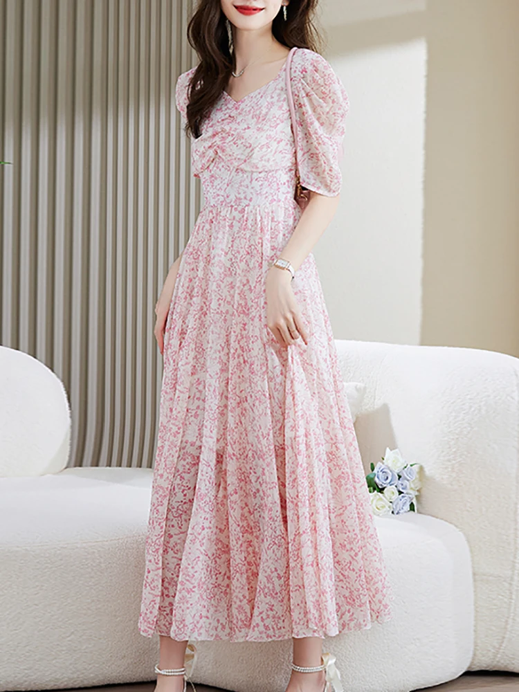 Женское шифоновое платье с коротким рукавом и V-образным вырезом