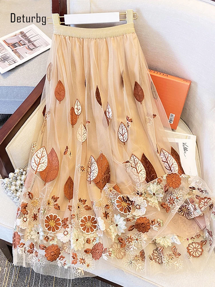

Vintage Women's Mesh Skirt Gold Line Leaf Floral Embroidery Korean Fashion Y2K High Waist Pleated A-Line Skirts 2023 Autumn K316