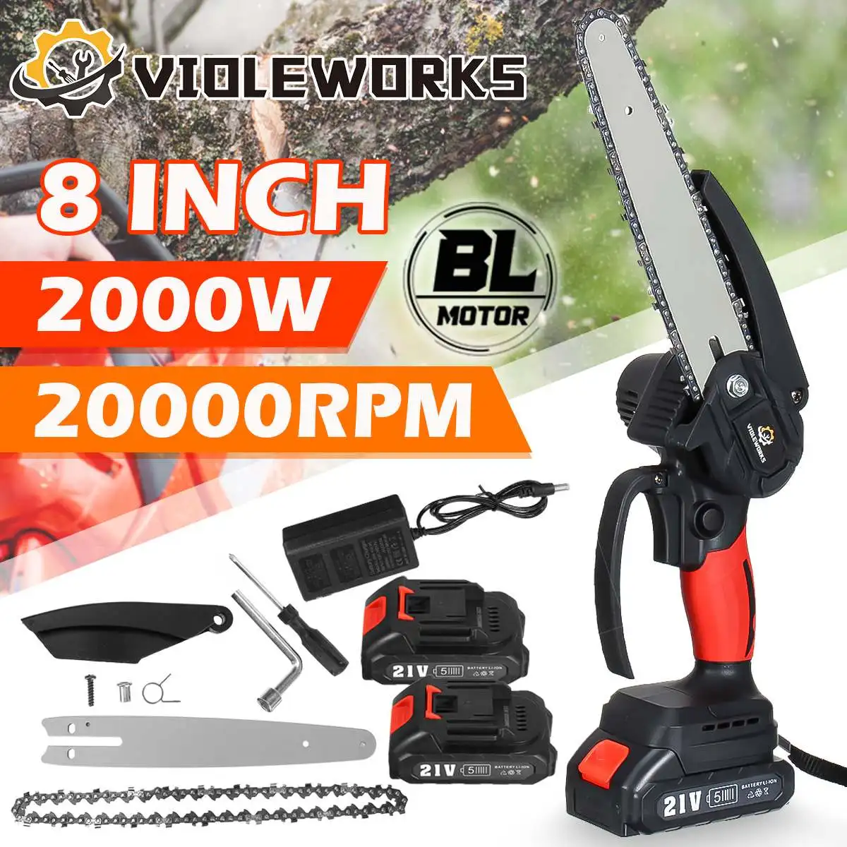 

2000W 8 Inch Electric Saw Brushless Chainsaw 21V with 1/2 Li-ion Battery Brushless Woodworking Power Tool For Makita 18V Battery