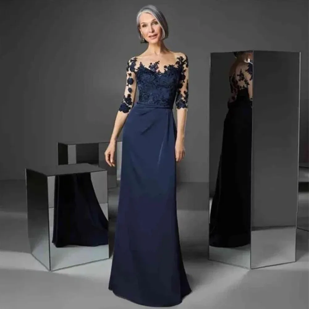 

Mother of the Bride Dress Chiffon Lace Applique Elegant Wedding Guest Gown Half Sleeves Floor Length Evening robe de soirée 2022