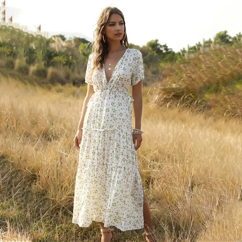 

Women Summer 2021 New Ruffled Floral Bohemian Dresses Printing Casual V Neck A-line Dress Female Fashion Slim Clothing Harajuku