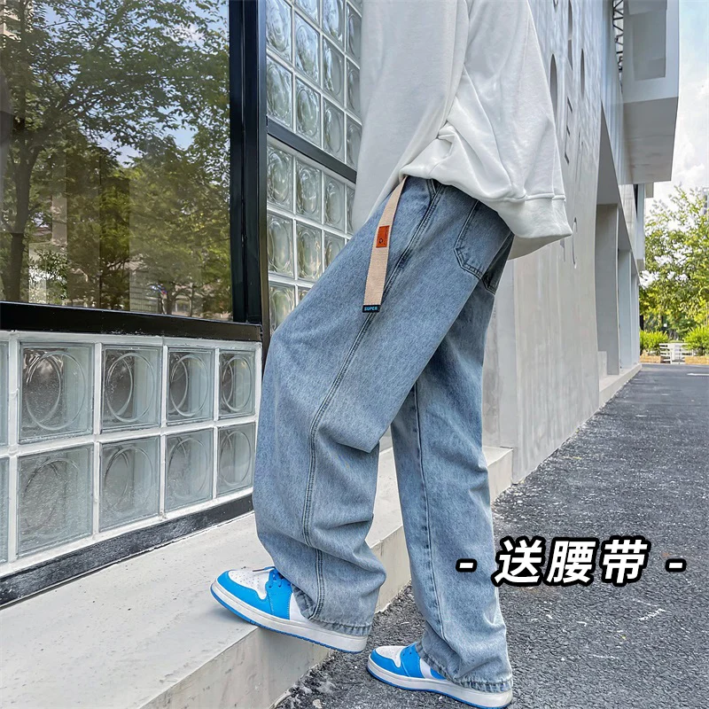 Classic Solid Wide Leg Jeans Mens Korean Fashion Trends Vintage Streetwear Bottoms Teens Baggy Straight Denim Pants Male Clothes