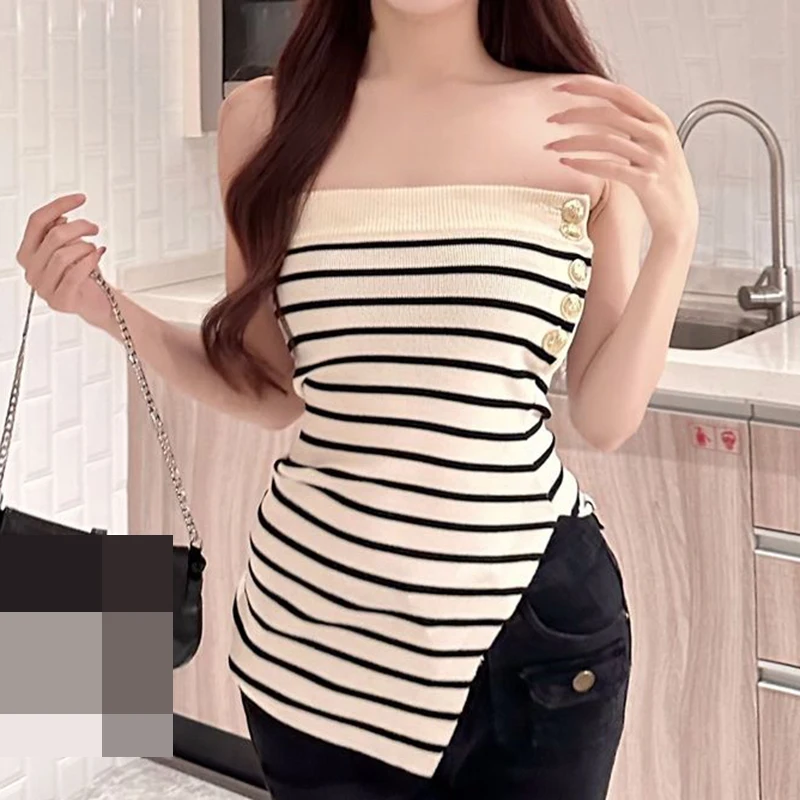 

Korean Spicy Girl Stripe Open Collar Bone Women's Summer Sexy One Shoulder Bra Bottom Top Female