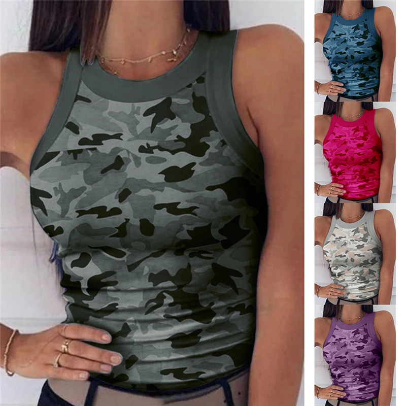 

Summer Women Camouflage Tank Tops O-Neck Slim Fit Casual Vest Sexy Tight Elastic Fitness Running Sports Vests