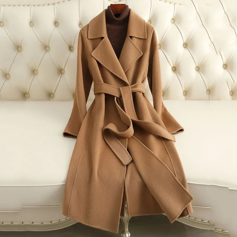 

Новинка Осень-Зима 100% двухсторонняя шерстяная куртка женское корейское длинное шерстяное пальто на бретелях женское повседневное пальто Паркер верблюжьего и красного цвета