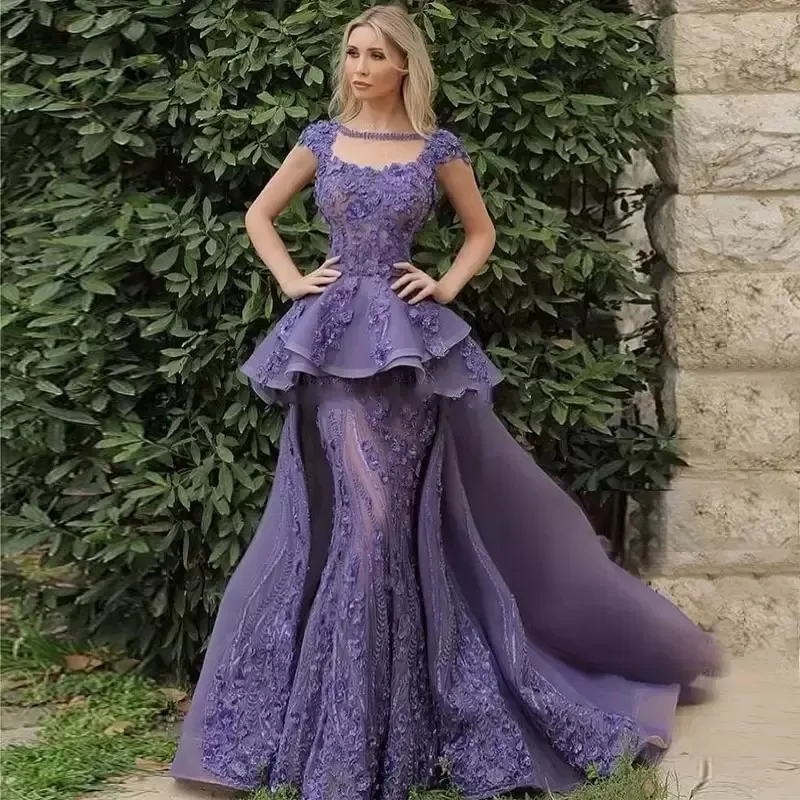 

Purple Sexy Prom Dress Bateau Long Sleeves Appliques Lace Ruffles Evening Gowns Party Plus Size Vestido De NoviaCustom Made