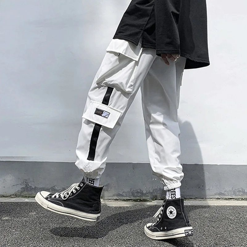 

New Fashion Cargo Pants Men White Black Grey Both Side Stripe Bigger Pockets Men Pants Casual Sports Fitness Wide Leg Sweatpants